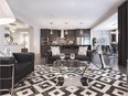 The great room and kitchen of the Edgecombe show home by Jayman MasterBuilt in Mahogany.