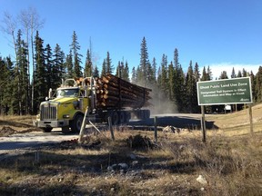 A truck leaves the Lesueur Ridge area with a load of lumber this week.