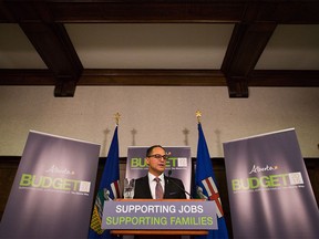 Alberta Finance Minister Joe Ceci speaks during a press conference prior to the official release of the 2015 budget in Edmonton Alta, on Tuesday, Oct. 27, 2015.