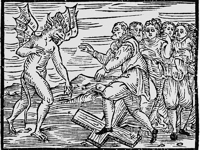 AThe Devil and witches trampling a cross from Compendium maleficarum 1608