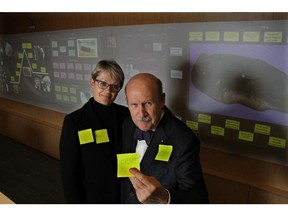 Nancy Knowlton, CEO, and David Martin, CTO of Nureva, with their virtual canvas behind them.