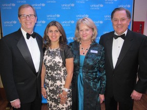 Cal 1017 Unicef 2  The  23rd Annual UNICEF Water for Life Gala held Oct 3 at the Hyatt was a phenomenal success and raised $964,000 to ensure children worldwide have access to clean and safe drinking water.  Pictured, from left, are UNICEF Canada president and CEO David Morley, keynote speaker  UNICEF Canada Ambassador, Bayan Yammout, Penny Whitlock,UNICEF Water for Life Patrons Council member and her husband Wayne Whitlock, partner Bennett Jones LLP.