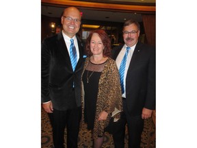 Cal 1031 Breakfast 1 Keynote speaker Arlene Dickinson is pictured with Prostate Cancer Canada's Rocco Rossi (left) and event chair Kevin Gregor. A record number of guests got up extra early this day to support the Wake Up Call Breakfast-a fundraiser in support of prostate cancer in Alberta.