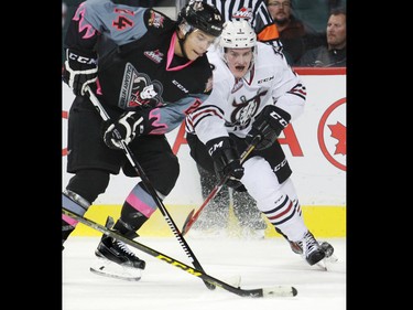 algary Hitmen Carsen Twarynski and the Red Deer Rebels' Austin Stand battle for control of the puck during WHL action at the Scotiabank Saddledome on Friday Oct. 9, 2015. The Hitmen won the game 4-1.