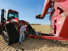 John Bystrom checks equipment as he harvests canola on land south of Eckville, Alberta on Thursday, Oct. 15, 2015.