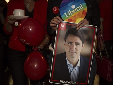 Supporters at Liberal candidate Matt Grant's headquarters in Calgary, on October 19, 2015.