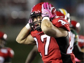 Calgary Stampeders' Jeff Hecht reacts after the Edmonton Eskimos recorded an interception during Saturday's 15-11 Eskimos win. The Stamps no longer control their own destiny in the fight for first place in the CFL's West Division.