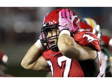 Calgary Stampeders Jeff Hecht reacted to the Edmonton Eskimos intercepting a play during their game at McMahon Stadium in Calgary on October 10, 2015.