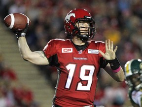 Calgary Stampeders quarterback Bo Levi Mitchell throws against the Edmonton Eskimos on Saturday. The Stamps will likely be forced to play this week's game against the Toronto Argonauts in Hamilton because the Toronto Blue Jays forced Game 5 back home.