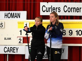 Third Amy Nixon, left, seen with her skip Chelsea Carey competing in the A final at the Autumn Gold Curling Classic earlier this month in Calgary, has spoken out about the curling broom issue.