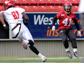 Calgary Stampeders special teams ace Adam Thibault, right, is looking forward to getting back on the field on Saturday against Toronto.
