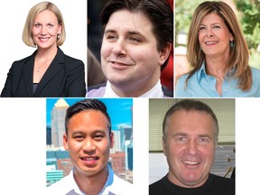 Clockwise from upper left: Jillian Ratti, NDP; Kent Hehr, Liberal; Joan Crockatt, Conservative; Yogi Henderson, Independent. and Thana Boonlert, Green.