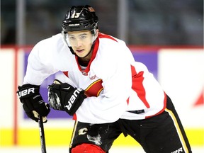 Calgary Flames left winger Johnny Gaudreau skated during practice at the Scotiabank Saddledome on October 12, 2015. The Flames are preparing to take on St. Louis on Tuesday.