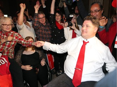 Liberal candidate Kent Hehr was congratulated as he entered his party after clinching the Calgary Centre riding over incumbent Joan Crockatt on Oct. 19, 2015.