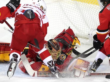 Calgary Flames goalie Jonas Hiller stretched to stop the puck as Detroit Red Wings left winger Teemu Pulkkinen searched for a rebound during third period NHL action at the Scotiabank Saddledome on October 23, 2015. The Flames broke their home losing streak with the 3-2 overtime win over Detroit.