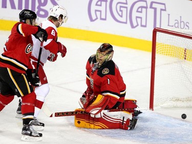 Calgary Flames goalie Jonas Hiller watched as a shot by the Detroit Red Wings slipped past him for the Red Wings second goal of the game during first period NHL action at the Scotiabank Saddledome on October 23, 2015. The Flames were looking to break their home game losing streak.