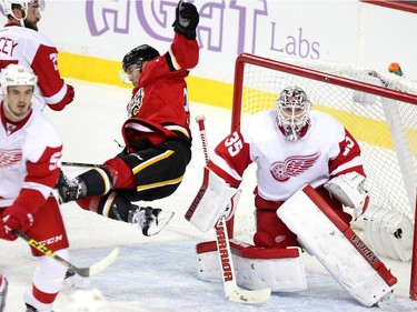 Calgary Flames centre Jiri Hudler went flying into the goal post of Detroit Red Wings goalie Jimmy Howard after defenceman Kyle Quincey sent him flying during second period NHL action at the Scotiabank Saddledome on October 23, 2015. The Flames were looking to break their home game losing streak.