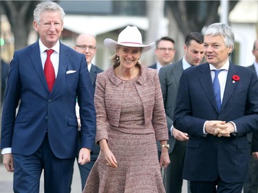 HRH Princess Astrid of Belgium wore her white Smithbilt hat as she left Calgary's Old City Hall with members of her deligation on October 29, 2015 following a private white hatting ceremony. After the ceremony she visited the Global Business Centre.