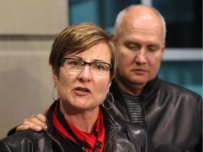 Brenda Wiese read a family statement as her husband Jody Wiese, right, kept his hand on her shoulder following the conviction of  accused Mitchell Harkes who was found guilty in the killing their son Brett Wiese on October 3, 2015. The jury found Harkes guilty of second degree murder.