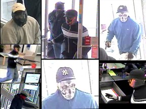 A composite of the images released by Calgary police. All are wanted in connection with four bank robberies and the holdup of a bank courier in August and September.
