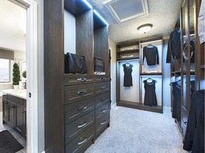 The walk-in closet off the master bedroom in Jayman MasterBuilt's Windermere show home in Riviera, Cochrane.