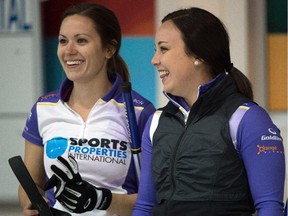 The two-time world junior women's curling champion Kelsey Rocque, right, and Laura Crocker, seen in Edmonton last month, won their first World Curling Tour event, striking victory in Red Deer on Monday.