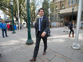 Liberal Leader Justin Trudeau leaves the mayor's office in downtown Calgary on Wednesday, Sept. 16, 2015.
