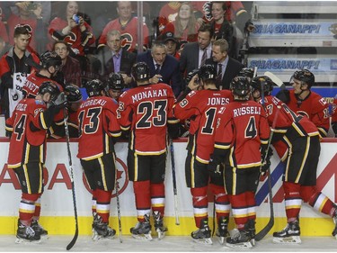 Calgary Flames head coach Bob Hartley takes a time out in the third period with less than a minute left in play and down by one goal playing against the St. Louis Blues at the Saddledome in Calgary, on October 13, 2015.