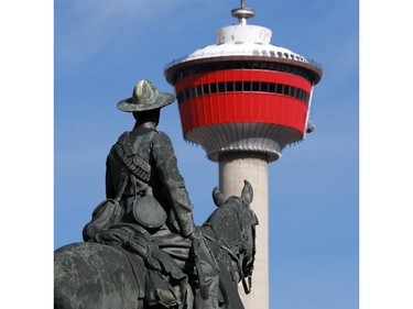 A statue of a soldier on horseback honouring Canadians who died in the Boer War looks out towards the Calgary Tower from Central Memorial Park on Thursday October 8, 2015.