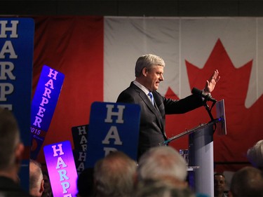Prime Minister Stephen Harper concedes defeat at Conservative headquarters, Monday night, Oct. 19, 2015.