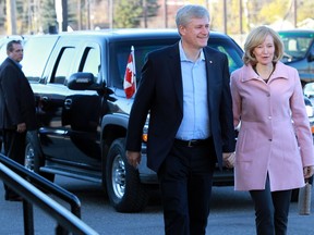 Stephen Harper arrives at the Royal Canadian Legion on Horton Road S.E. to cast his vote Monday morning.