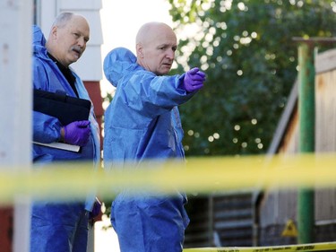 A Calgary police service forensics team continued their investigation at 4211 Centre St. North on Thursday morning the day after a man was found bleeding at the residence and later died in hospital.