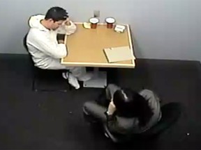 Frame grab of Nicholas Rasberry as he is interrogated by Calgary Police detective Trish Allen in connection with the murder of Craig Kelloway.