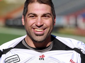 Randy Chevrier smiles at Stampeders practice on Tuesday. The 39-year-old would play in his 200th CFL game if he suits up Saturday against the Saskatchewan Roughriders.