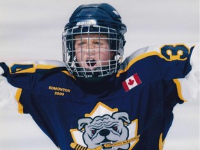 A young Dougie Hamilton celebrates a goal during the 2003 Brick Novice hockey tournament in Edmonton.