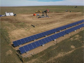 Calgary-based junior producer Imaginea Energy  has an array of solar panels to drive the pumpjack and progressive cavity pump that lift oil and gas from two wells at this site 20 kilometres east of Brooks.