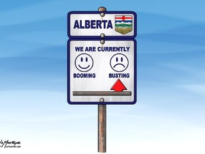 Patrick LaMontagne editorial cartoon showing a welcome to Alberta sign indicating the province is suffering a depression, not a boom, for Calgary Herald edition of Wednesday, Jan. 14, 2015.