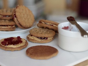 Six-Ingredient Peanut Butter and Jelly Sandwich Cookies made from a recipe in Food 52: Baking (Random House Canada). Dangerously easy to make and mouthwateringly good.