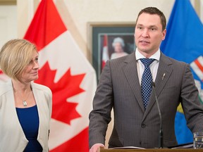 Alberta Premier Rachel Notley, left, after appointing Deron Bilous as Minister of Economic Development and Trade during a new cabinet announcement at Government House in Edmonton on Oct. 22, 2015.