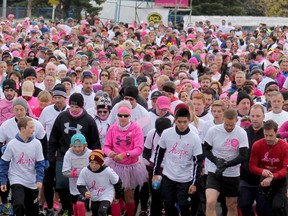 And they're off! At the start line at the 24th annual Canadian Breast Cancer Foundation CIBC Run for the Cure on October 5, 2015 in Calgary. More than 7,000 people came out Sunday morning for the 20th annual run in Calgary.