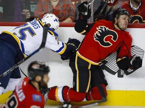Lance Bouma broke his fibula on this hit from St. Louis' Ryan Reaves during Tuesday's game and will be out for three months.