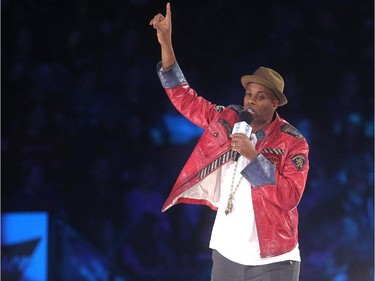 Free the Children ambassador and rap artist Kardinal Offishall spoke to the crowd during WE Day in Calgary at the Scotiabank Saddledome on October 27, 2015.