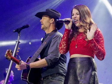 Jess Moskaluke performs with Paul Brandt Friday night October 2, 2015 at the Saddledome as part of the Road Trip with Dean Brody.