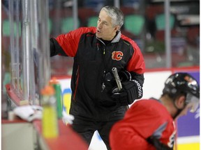 Flames head coach Bob Hartley had to run two practices to fit in all the players on Monday, Sept. 28, 2015 at the Saddledome.