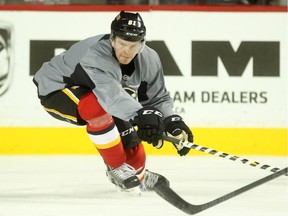 Calgary Flames defenceman Brett Kulak ran through drills on Tuesday at the Scotiabank Saddledome ahead of the team's home opener on Wednesday against Vancouver.