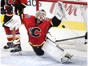 Calgary Flames goalie Karri Ramo watched as a shot by Washington Capitals centre Nicklas Backstrom flew into the net for the third goal of the game during second period NHL action at the Scotiabank Saddledome on October 20, 2015.