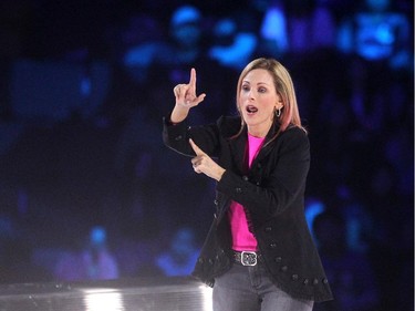 Academy Award winning actress and social activist Marlee Matlin signed her message of hope and courage to the crowd during WE Day in Calgary at the Scotiabank Saddledome on October 27, 2015.