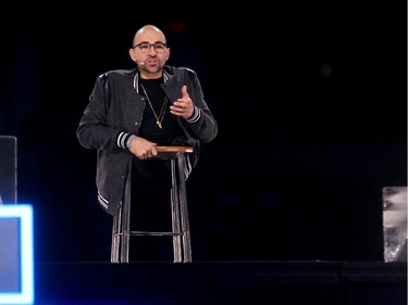 Free the Children ambassador and author Spencer West spoke to the crowd during WE Day in Calgary at the Scotiabank Saddledome on October 27, 2015.