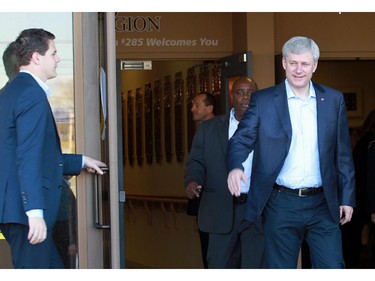 Prime Minister Stephen Harper leaves the Legion on Horton Road after voting on Monday, October 19, 2015.