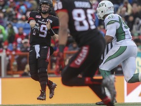 Calgary Stampeders quarterback Bo Levi Mitchell makes a pass during game action against the Saskatchewan Roughriders at McMahon Stadium in Calgary, on October 31, 2015.
